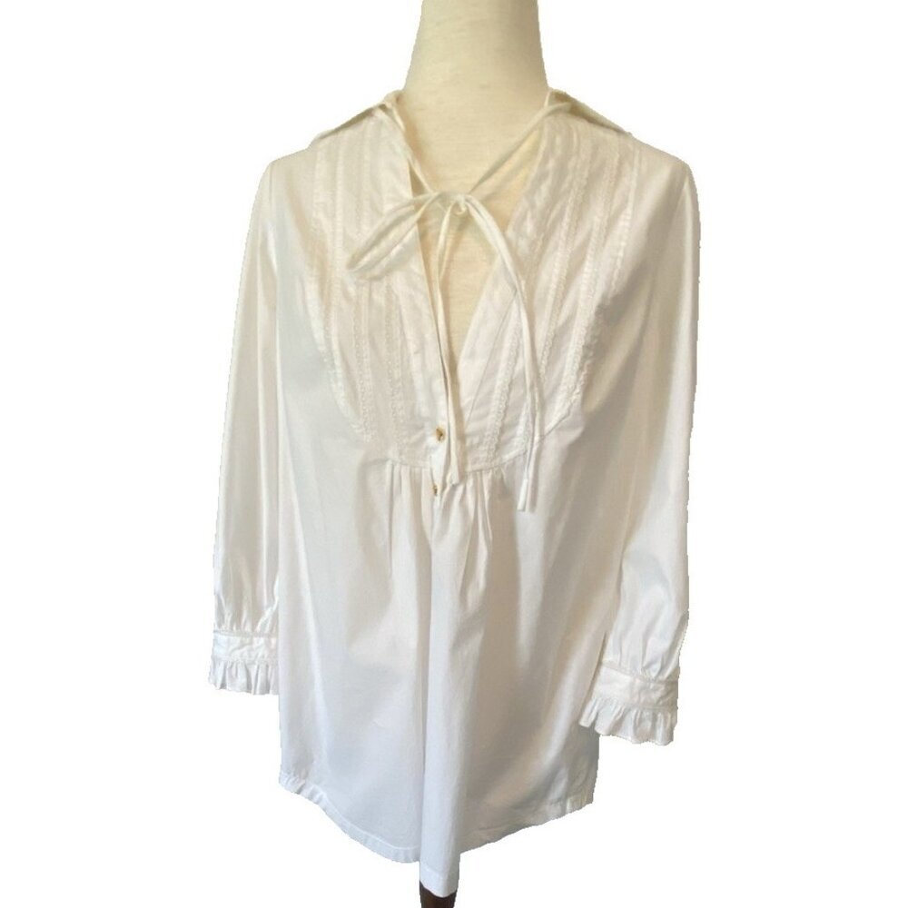 LA ROK Top Tunic White Blouse Lace Front Long Sleeve Cut Out Back Womens Sz L